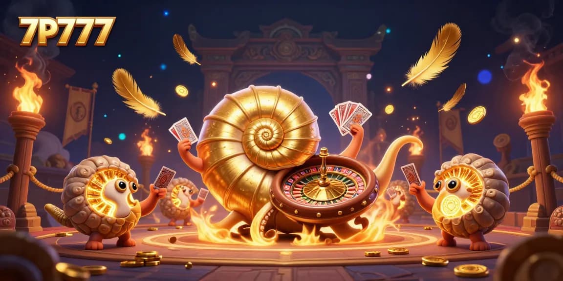 Experience thrilling gameplay with 7P777's dynamic casino scene featuring a giant nautilus and golden elements.