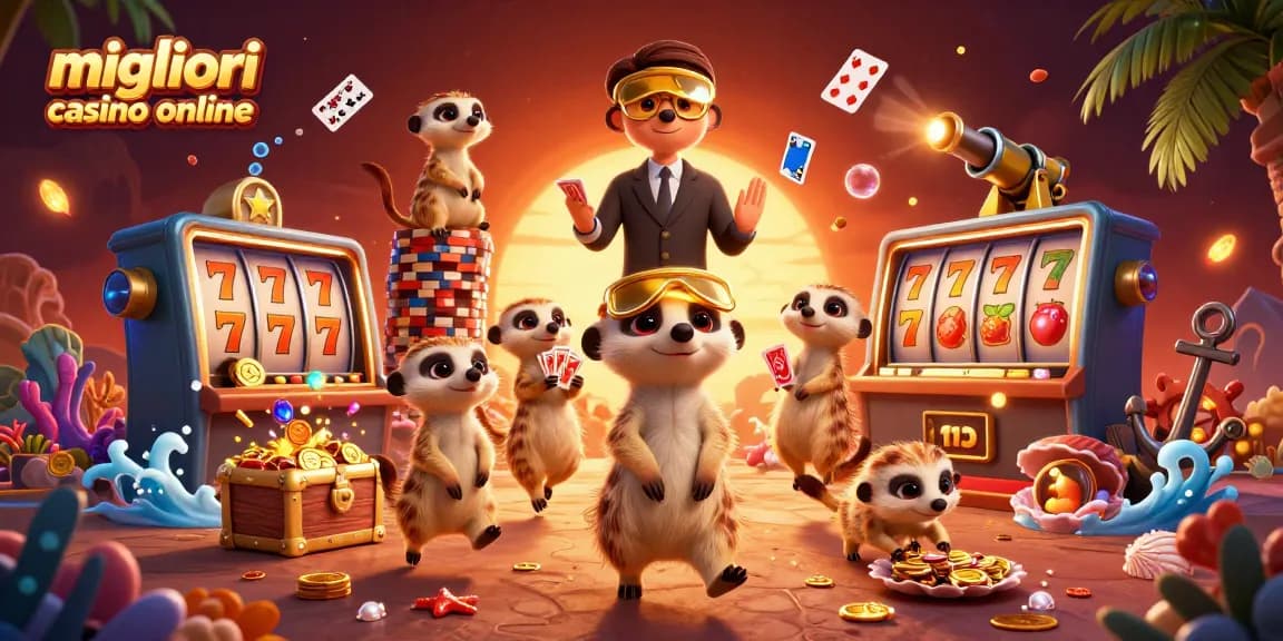 Gioca nei migliori casino online con un vivace gruppo di suricati in un'illustrazione 3D animata.