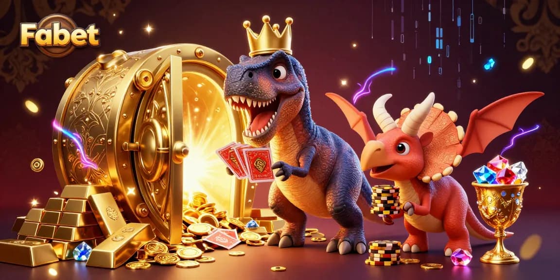 Fabet shows a T-Rex shuffling cards amidst golden treasures in a vibrant casino setting.