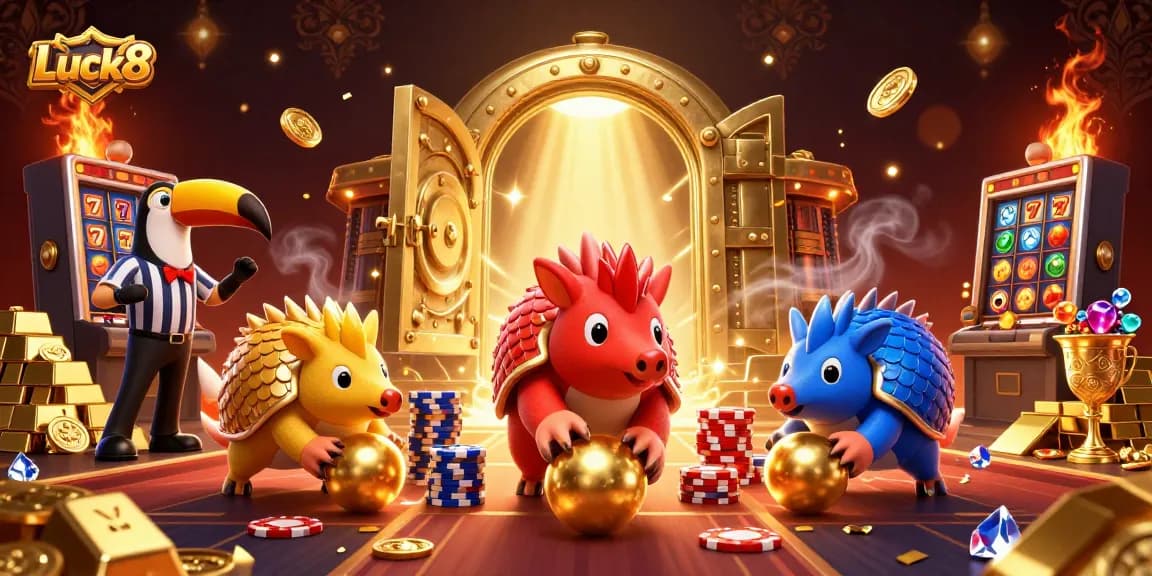 Join the excitement at Luck8 with rival pangolins bowling golden balls through poker chips!