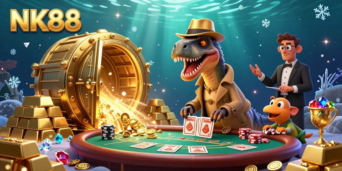 Experience thrilling gameplay at NK88 with a velociraptor card counter in a vibrant casino scene.