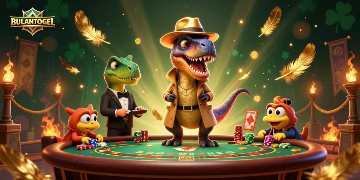 BULANTOGEL features a playful scene with a velociraptor card counter and a suspicious stegosaurus pit boss at a blackjack table.