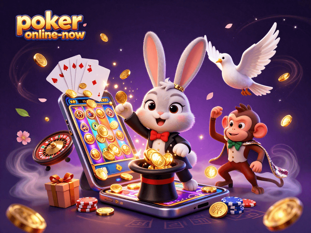 Engage with the excitement of poker-online-now as a magician rabbit conjures coins amidst a vibrant casino scene.