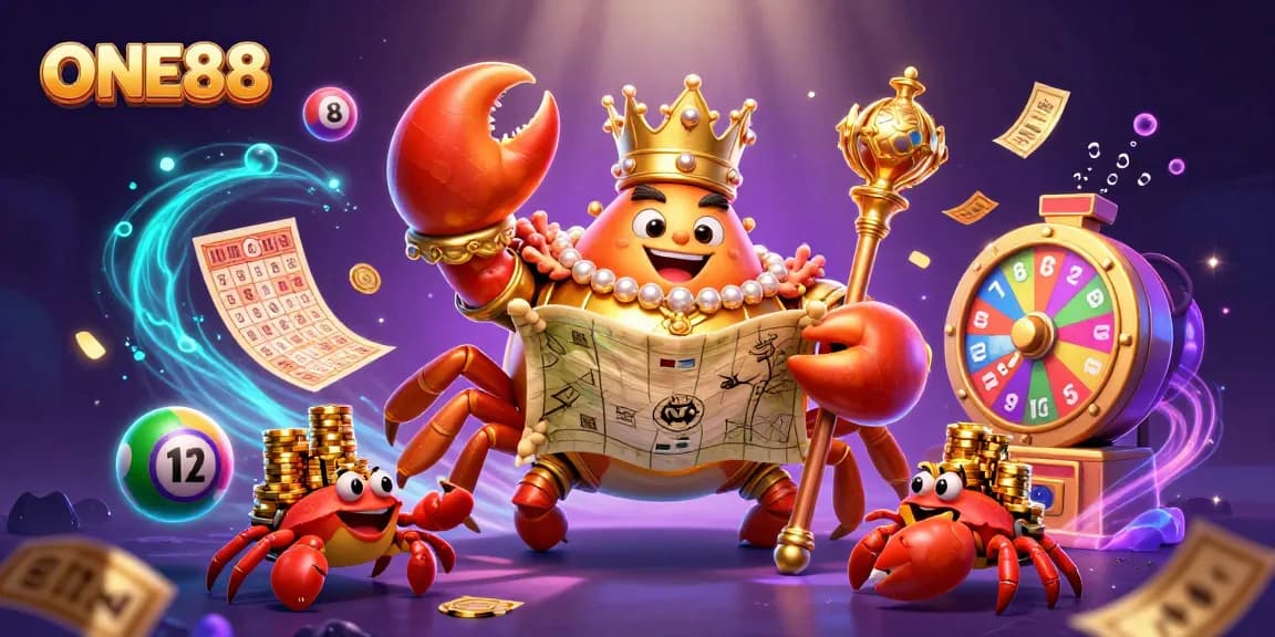 Engage with ONE88's vibrant casino scene featuring a golden crab emperor, treasure, and colorful gaming elements.