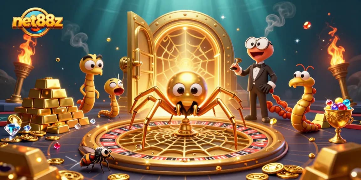 Bet on net88z with a vibrant scene of golden spider and centipede croupier.