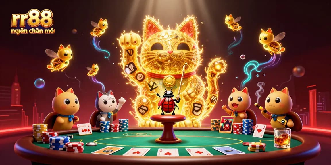 Experience rr88 hiện đang mở with an engaging casino scene showcasing a lucky cat and gambling elements.