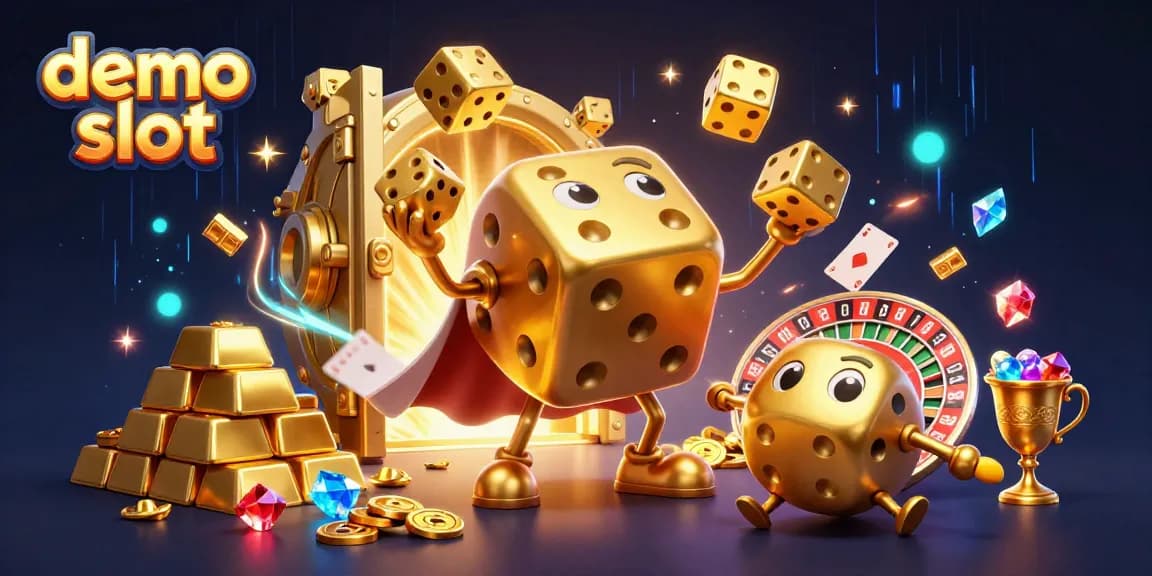Spin to win in demo slot adventures with a magical golden dice golem juggling riches and treasures.