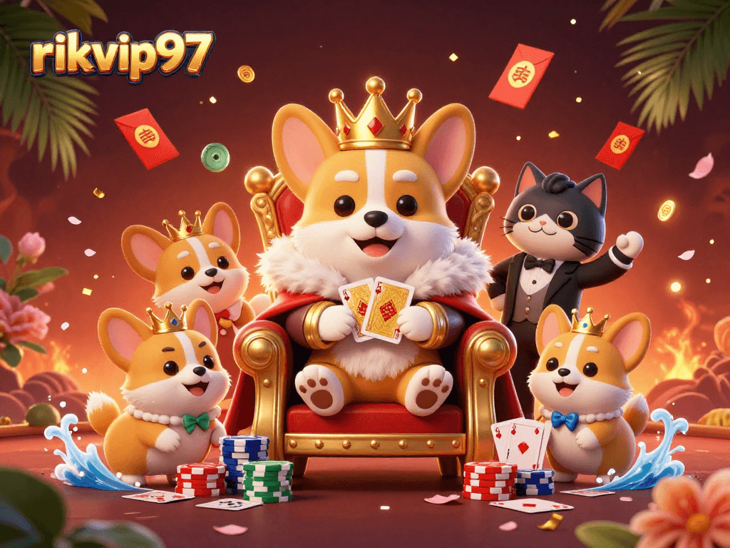 Join the royal fun with the rikvip97 casino illustration featuring the corgi king and poker elements.