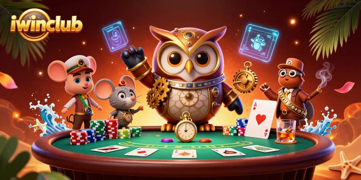 Join iwinclub's thrilling poker game with unique characters and vibrant casino elements.