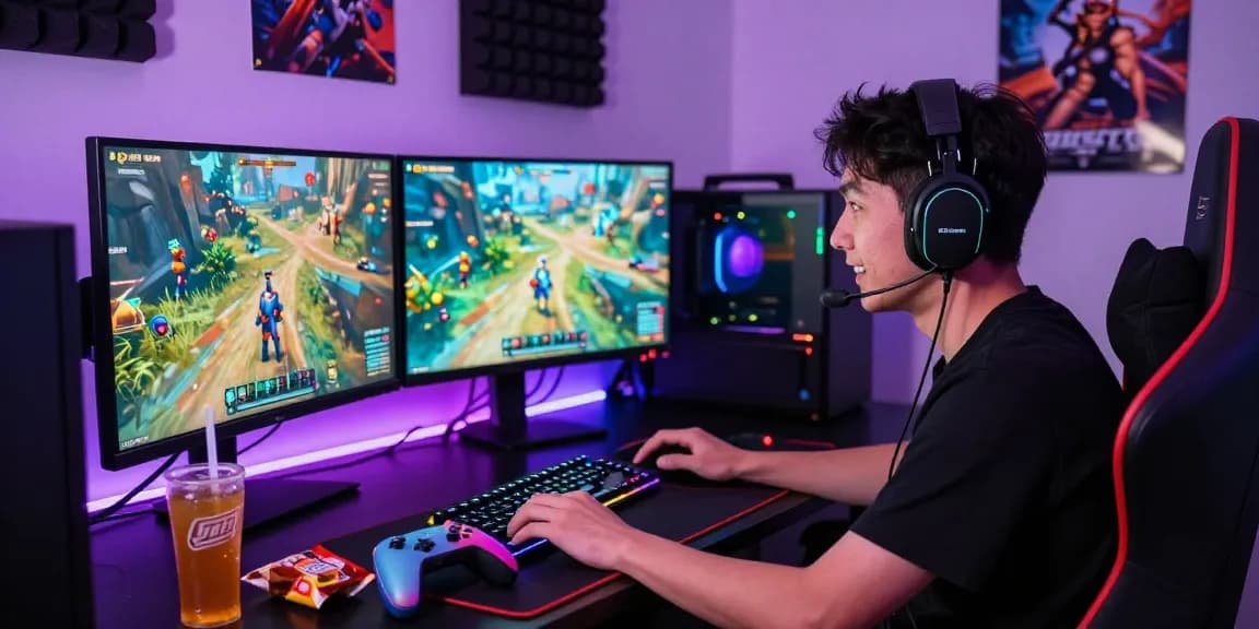 M98 สล๊อตเว็บตรง gamer focused on vibrant game graphics in an electrifying gaming setup.