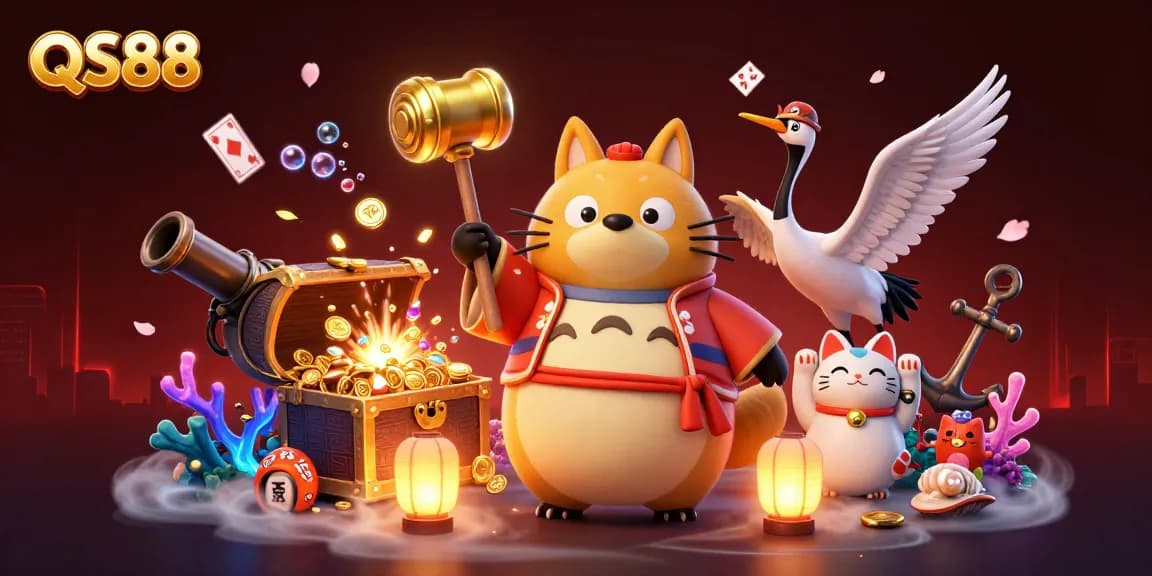 QS88 casino illustration featuring a lucky tanuki, samurai crane, and colorful maneki-neko cats.
