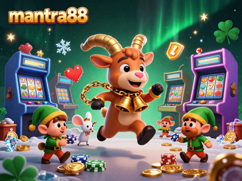 Engage in thrilling casino action with mantra88, featuring a holiday-horror scene of a Krampus-goat casino.