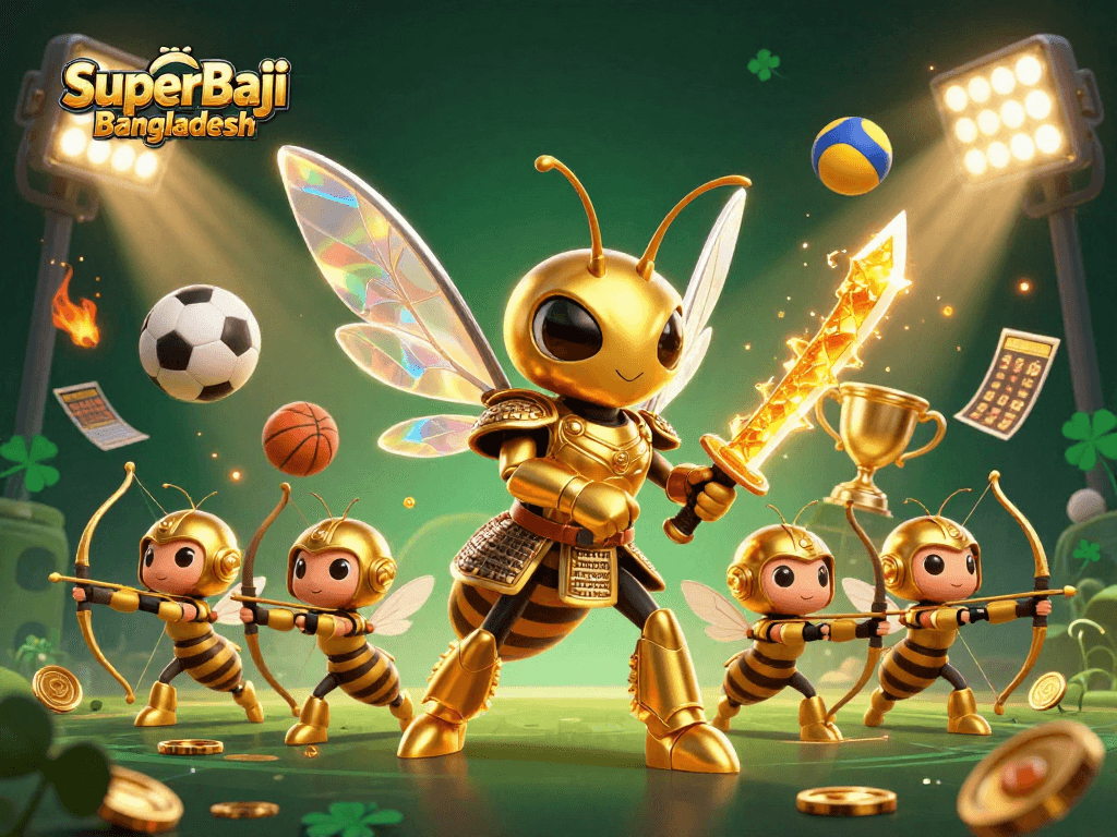 Experience the thrill of SuperBaji Bangladesh with dynamic casino-themed 3D illustration featuring vibrant characters and elements.