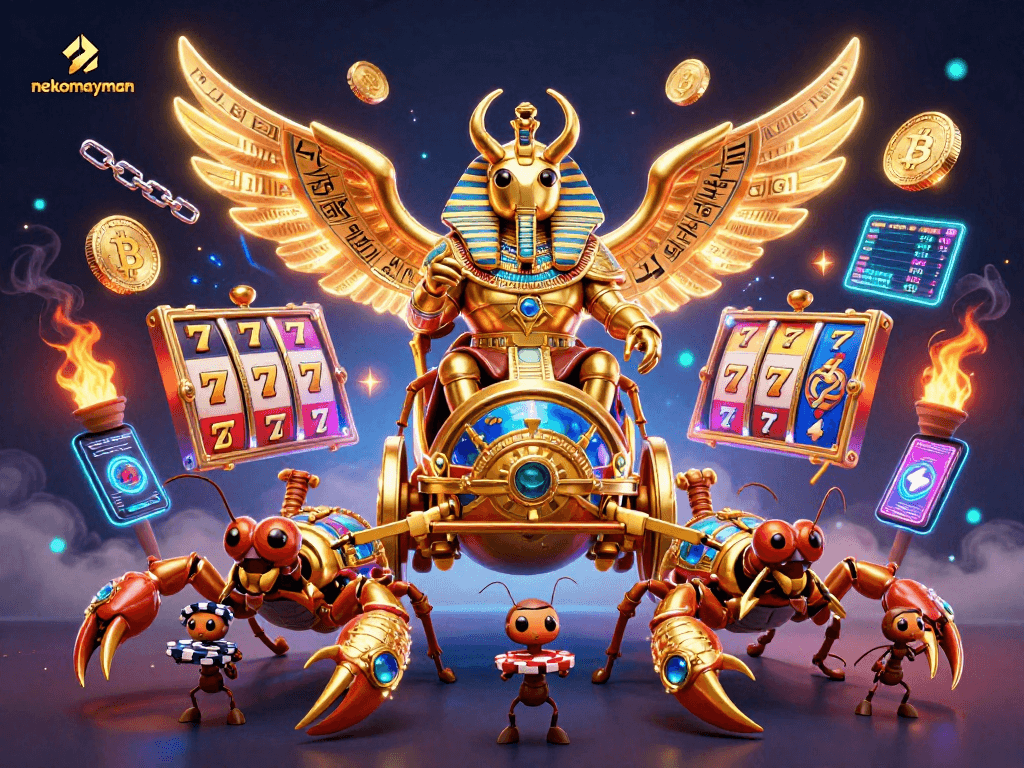 Experience thrilling slot action with nekomayman as golden scarab rides in a vibrant, dynamic casino scene.