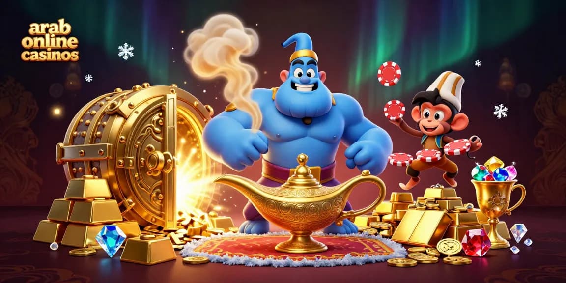 Engage in thrilling action at arab online casinos with a vibrant 3D illustration of a genie, monkey, and poker chips.