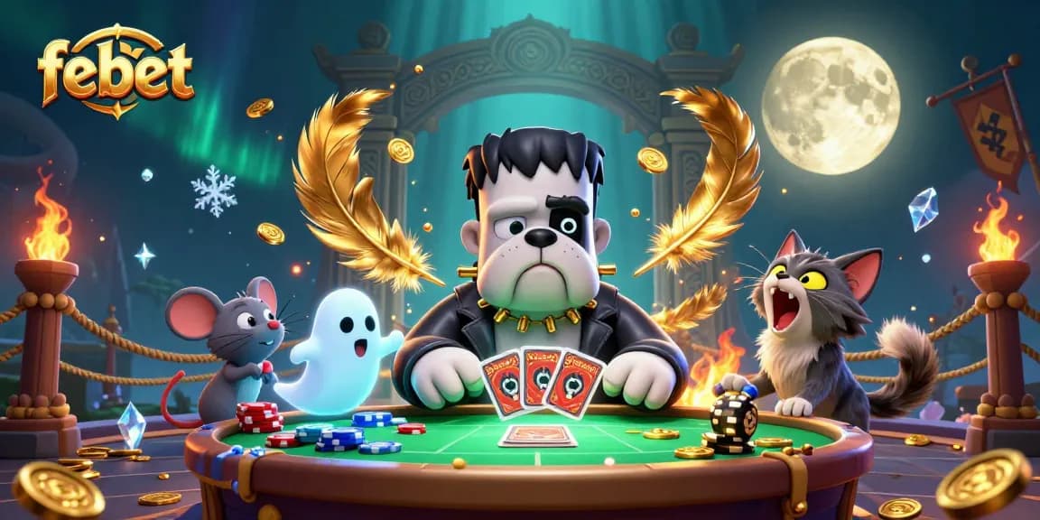 Experience thrilling betting at febet with a vibrant scene featuring a cartoon bulldog dealing cards and mystical creatures.