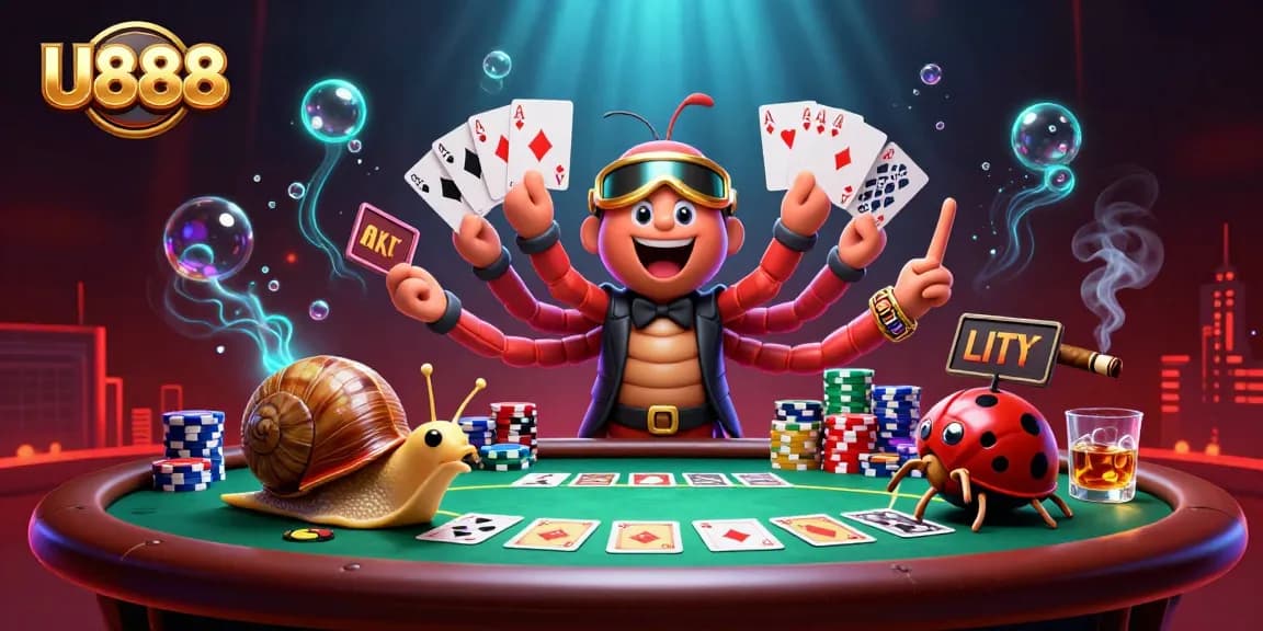 Experience the excitement of U888's dynamic casino scene with colorful characters and rich gameplay.