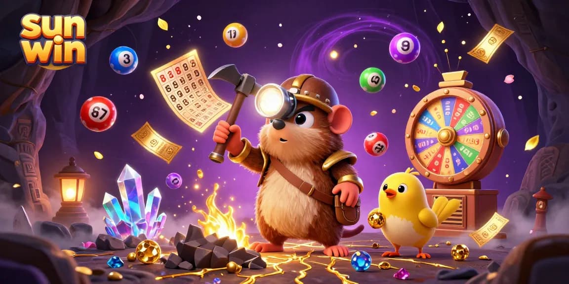 Engage with sun win's vibrant lottery scene featuring a treasure hunter mole, golden elements, and colorful dynamics.