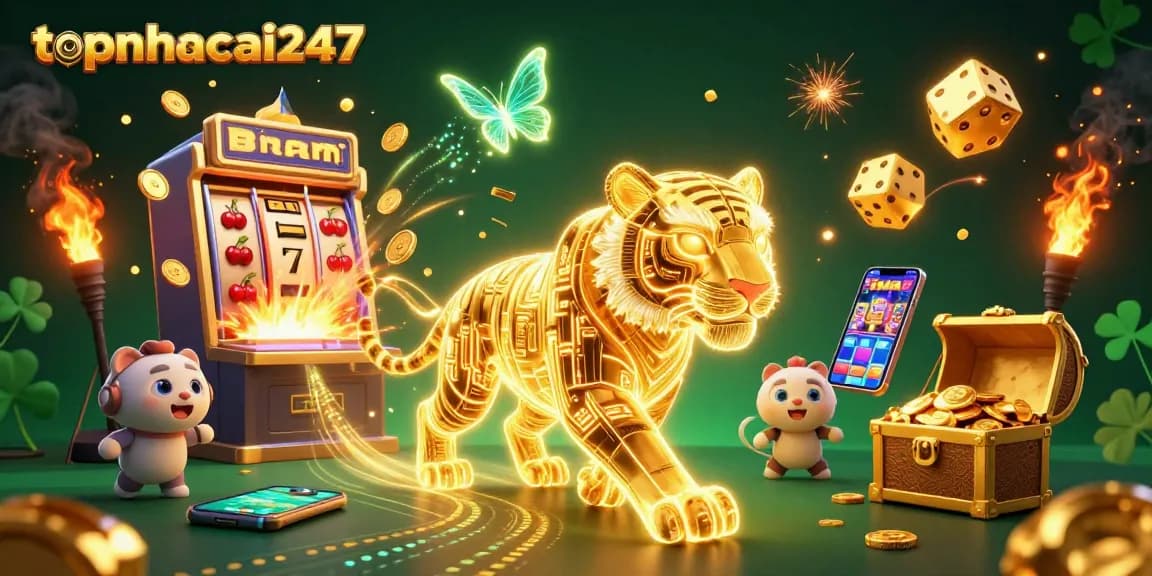 Experience topnhacai247 with an energetic scene of a golden tiger and interactive casino elements.