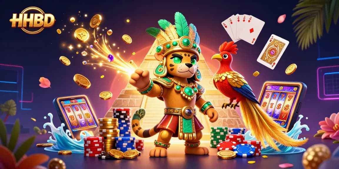 Engage in HHBD-themed gambling with a vibrant scene featuring a Mayan jaguar priest and casino elements.