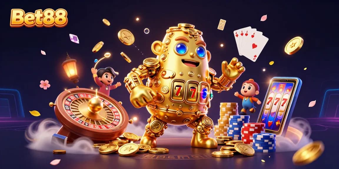 Experience the thrills at Bet88 with a dynamic casino scene featuring a golden golem, coins, and games.