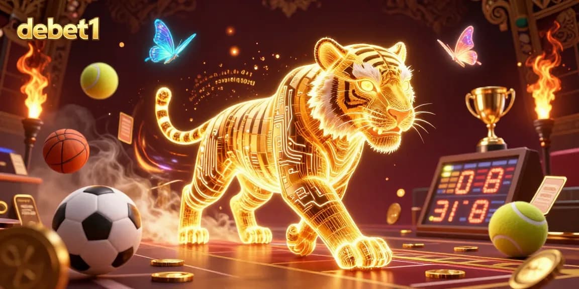 Experience the excitement of debet1 with a mesmerizing golden tiger and sports elements in this rich digital casino scene.