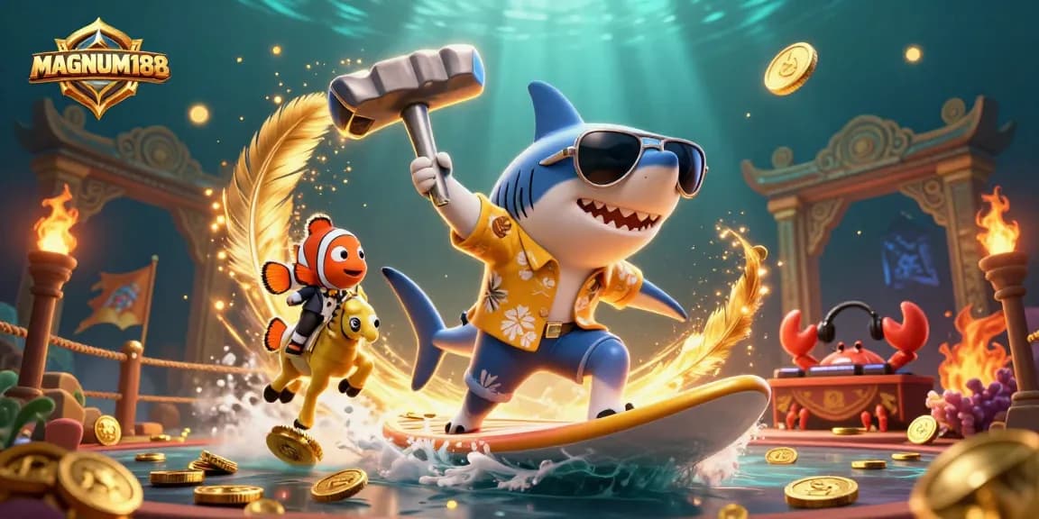 Join the adventure with MAGNUM188 as the hammer-head shark surfs gold coins in this vibrant online casino scene.