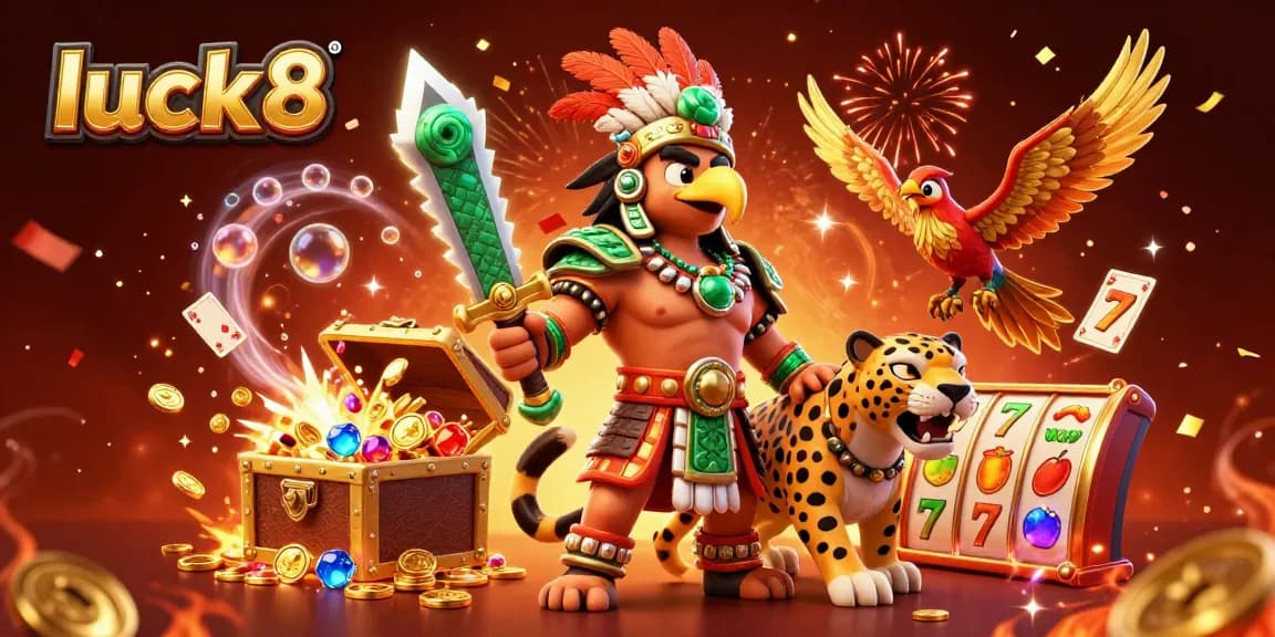 Engage in thrilling adventures with luck8’s vibrant 3D casino illustration featuring Aztec warriors and gamified elements.