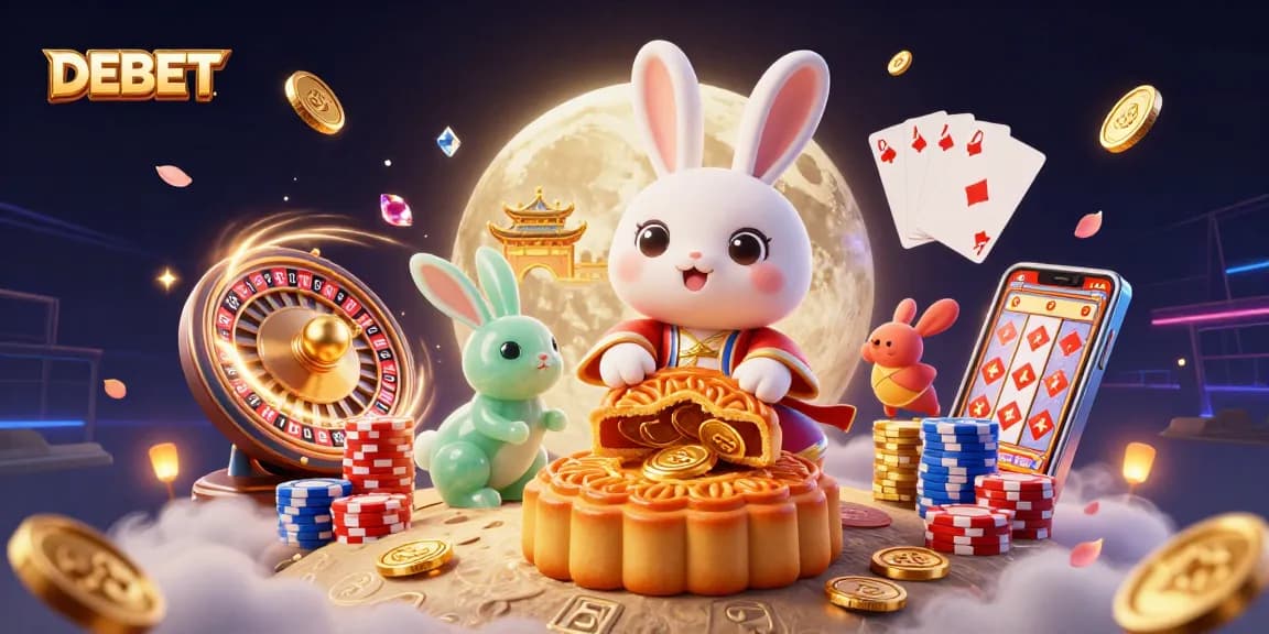 Experience DEBET's excitement as the moon rabbit reveals treasures in a vibrant casino scene.