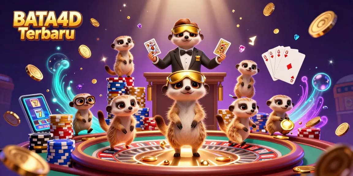 BATA4D Terbaru showcases a lively meerkat casino scene with card dealers, coins, and vibrant gaming elements.