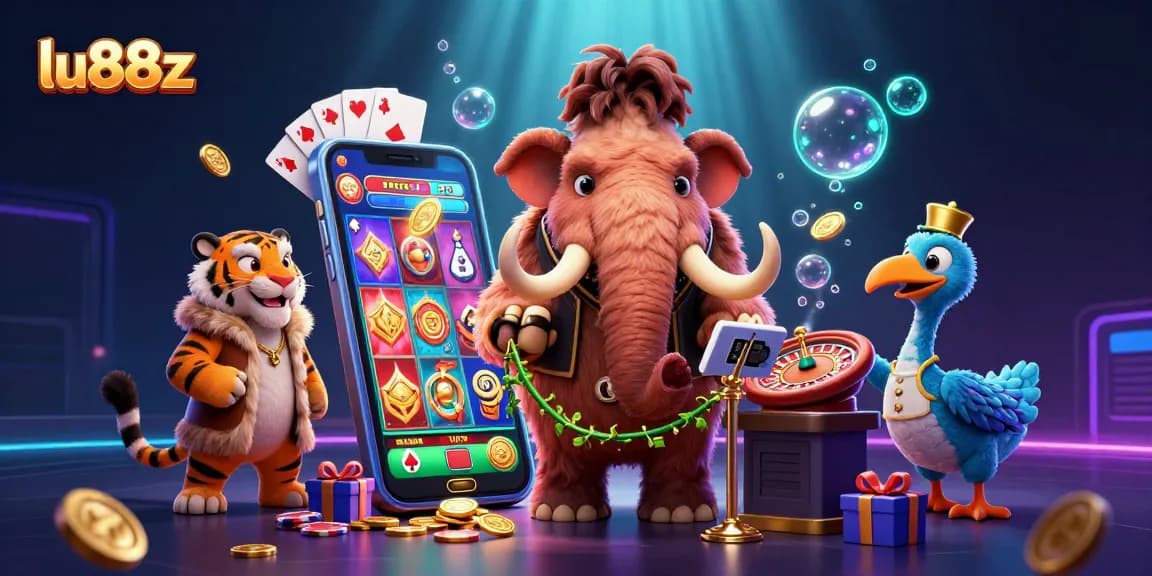 lu88z showcases a vibrant 3D scene with casino characters and exciting gaming elements