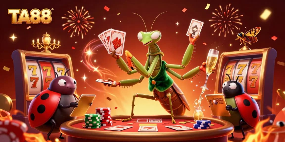 TA88 showcases a vibrant casino scene featuring a giant praying mantis card sharp, ladybug pit boss, and colorful slot reels.