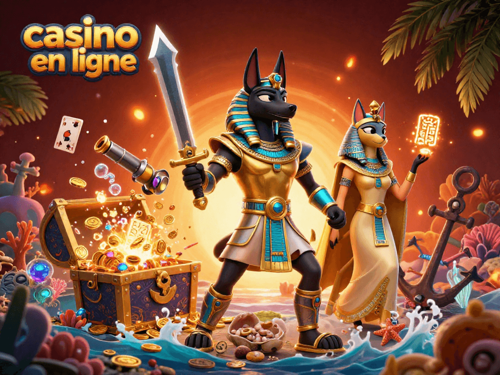 Profitez de l'expérience immersive du casino en ligne avec des personnages égyptiens entourés de trésors et de symboles de jeux.