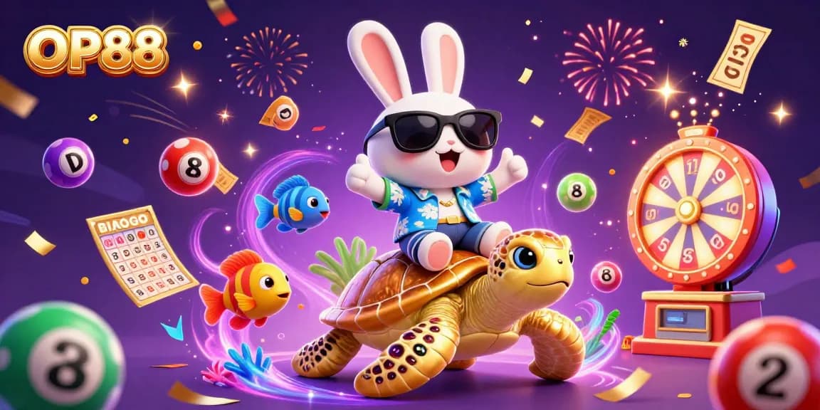 Join the fun at OP88 with a lucky rabbit and sea turtle celebrating big wins in a vibrant casino scene.