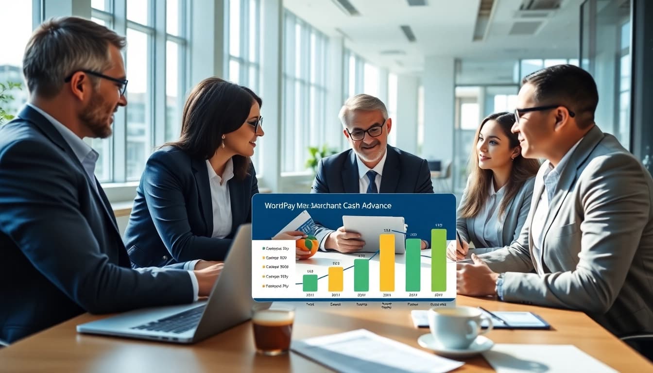 Discussing benefits of worldpay merchant cash advance in a modern office setting.