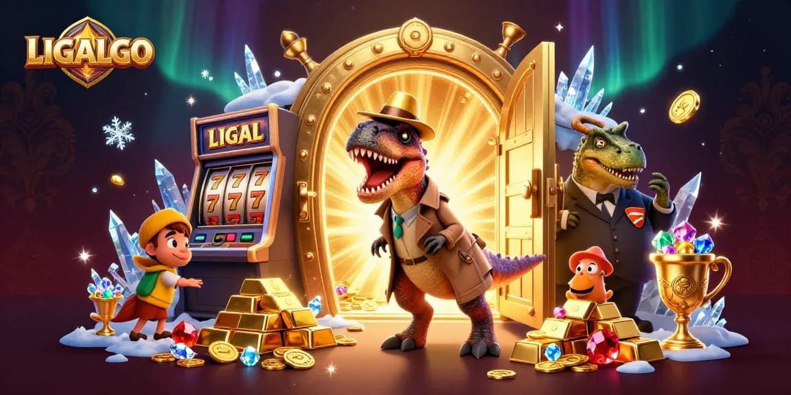 LIGALGO's thrilling slot scene featuring a sneaky velociraptor and treasures bursting forth.