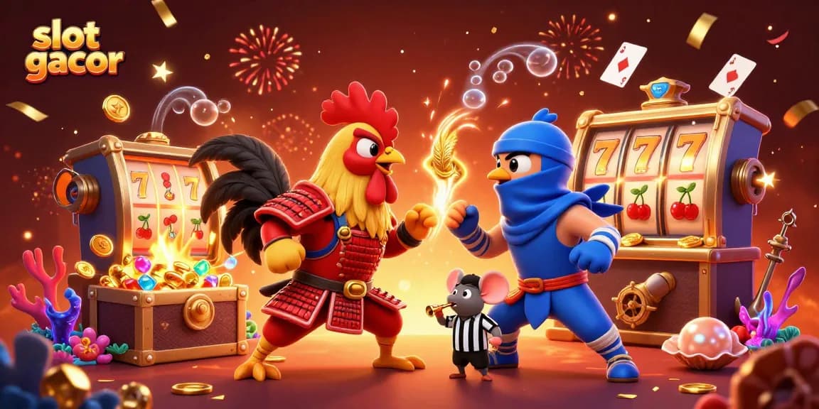 Engage in thrilling gameplay at slot gacor with animated roosters and vibrant casino elements.