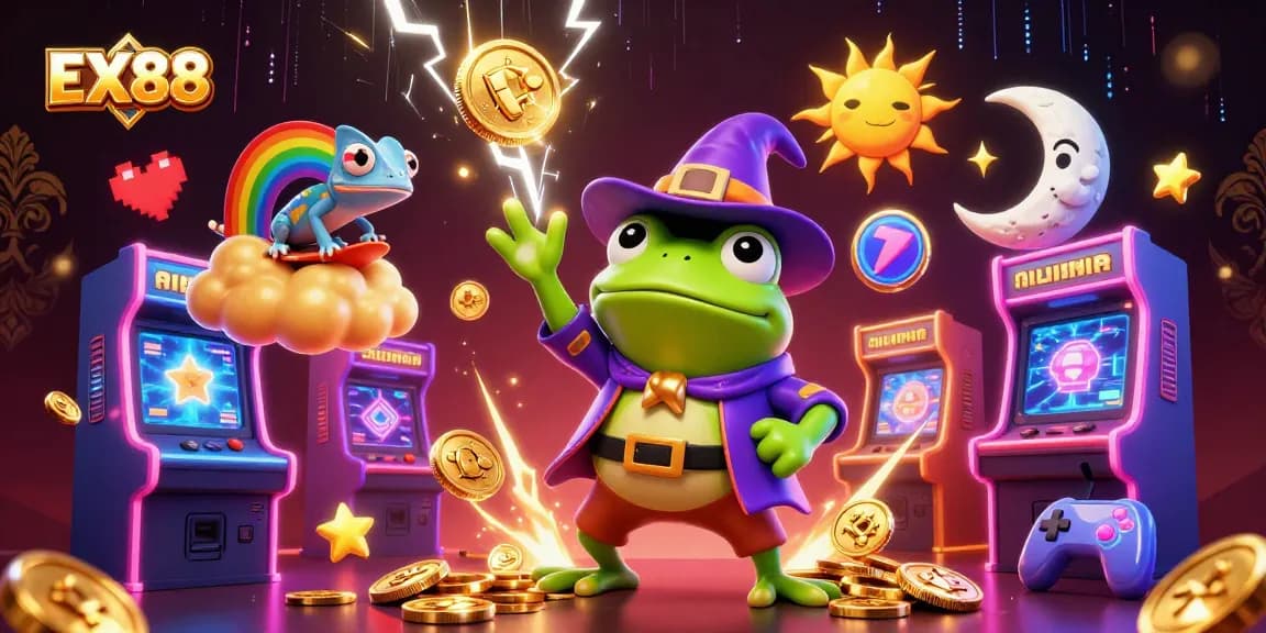 Experience the thrill of EX88 with dynamic golden coins and colorful gaming elements in a vibrant casino scene.