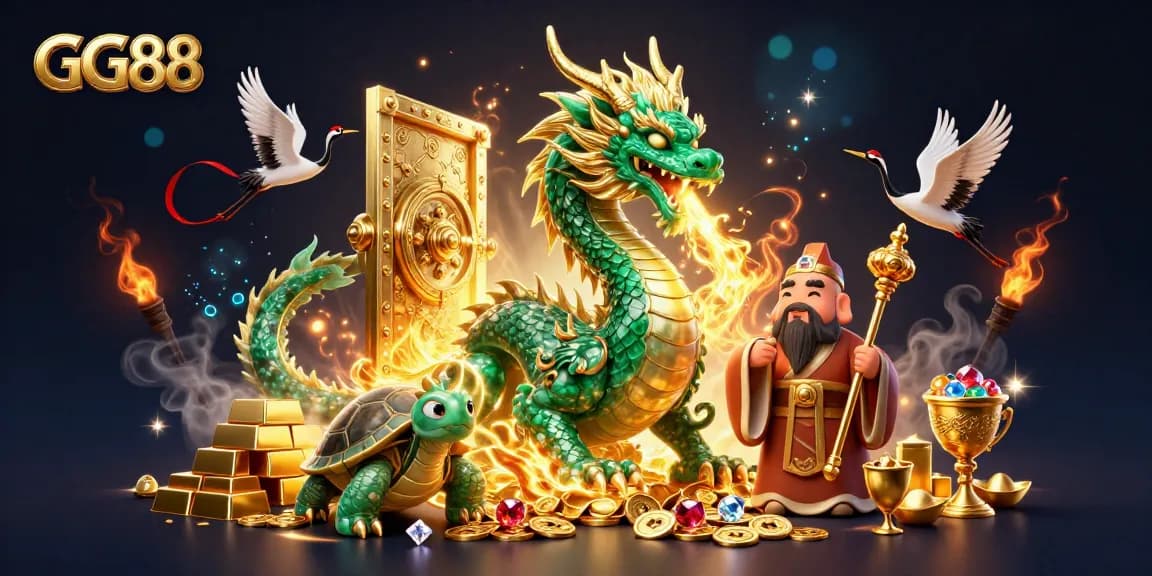 Experience GG88's thrilling gaming allure with a magical scene of fortune, fire, and treasure.