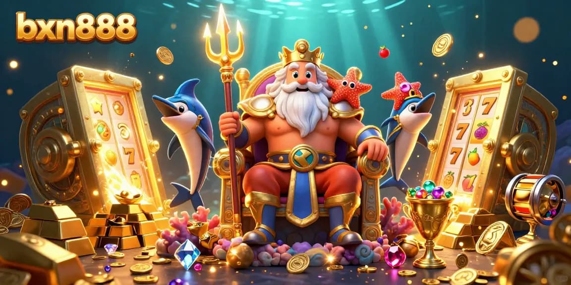 Experience the thrill at bxn888 with Neptune and treasures in a vibrant, underwater casino scene.