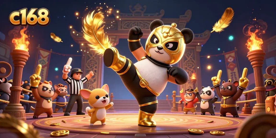C168 features a lively 3D illustration of a panda wrestler kicking while a chihuahua counts, surrounded by cheering animals and gambling tokens.