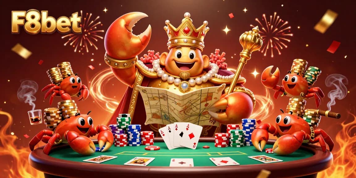 Win big at F8bet with a lively casino scene of a golden crab emperor and poker elements.