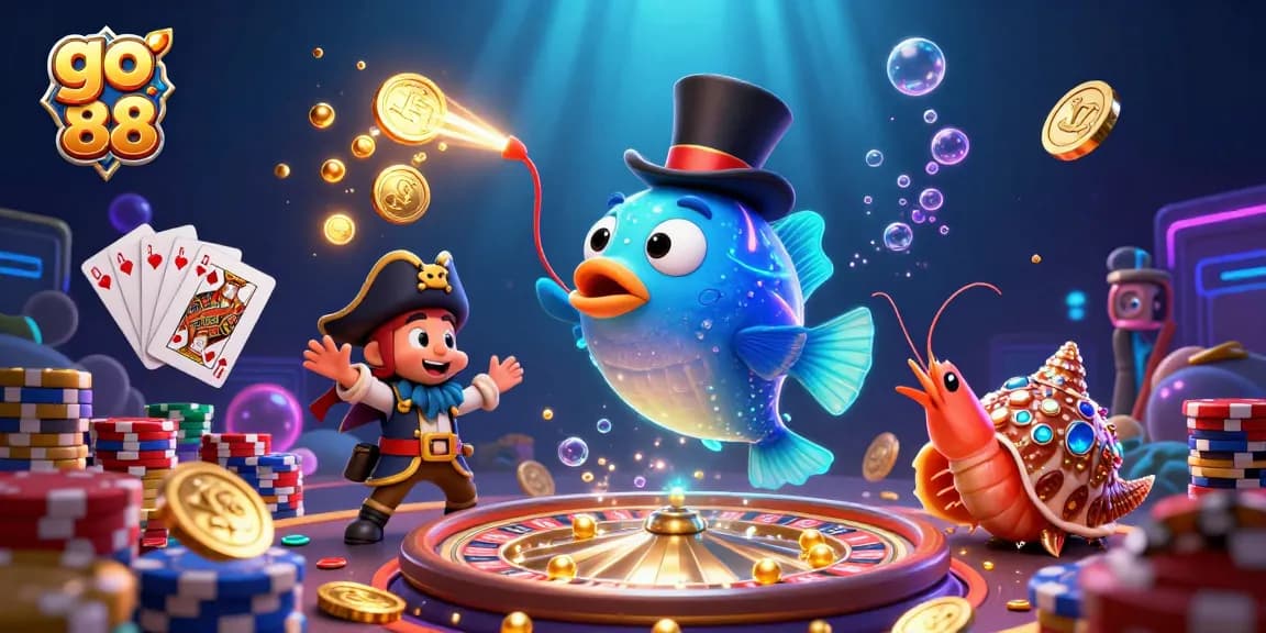 Engage with go 88 through an immersive, sparkling casino adventure featuring a cartoon anglerfish attracting coins.