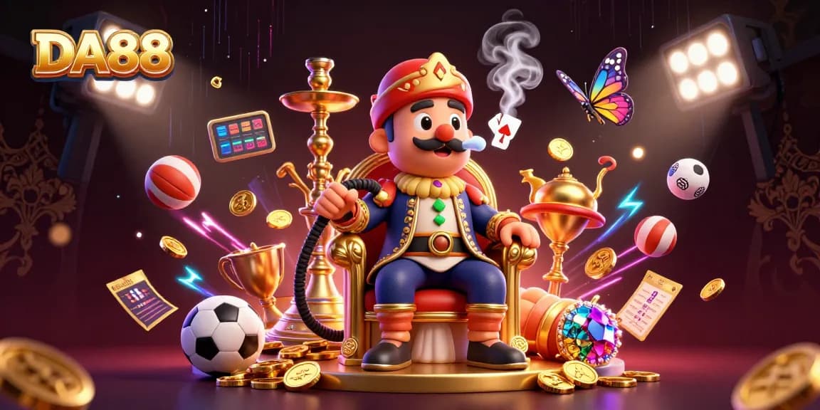 Immerse yourself in DA88's vibrant casino world with dynamic sports elements and a whimsical caterpillar master.