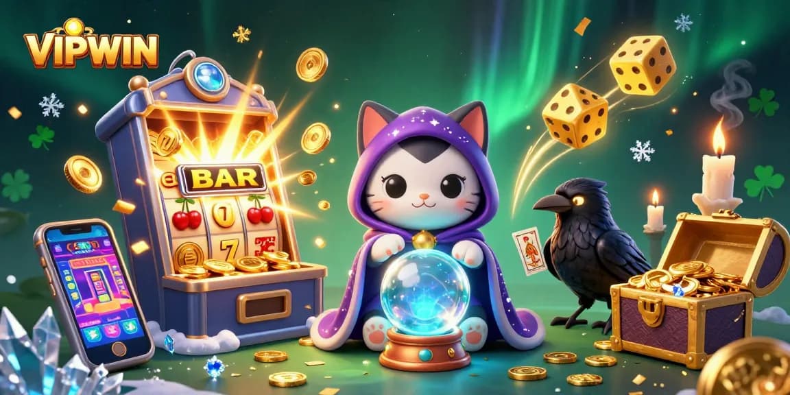 Experience thrilling jackpots with VIPWIN in a vibrant 3D casino illustration featuring mystic characters.