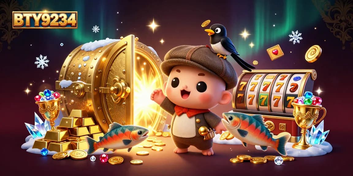Join the fun at BTY9234 with cute baby Nessie and dazzling slots in a vibrant treasure scene.