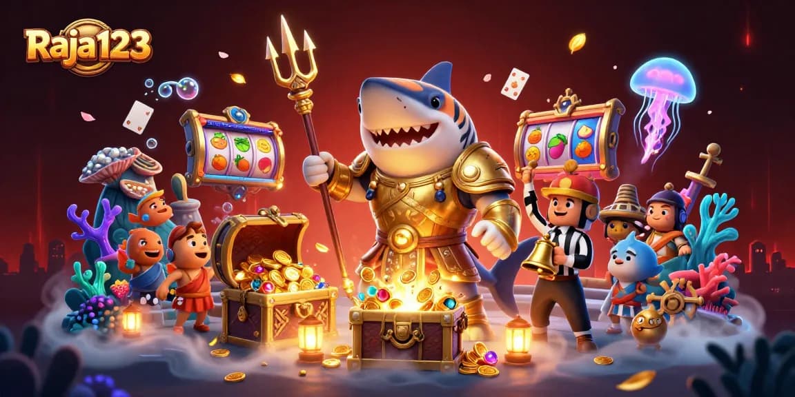 Enhance your gaming experience with Raja123 at a vibrant underwater casino scene.