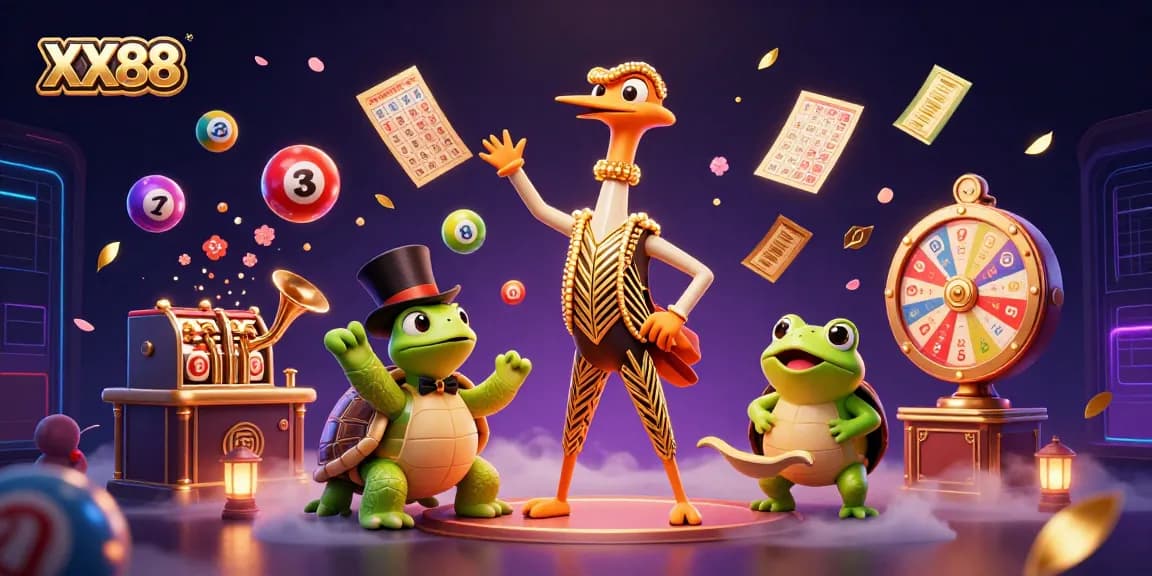 Engage with the vibrant casino atmosphere of XX88 featuring key characters amid a dynamic array of game elements.