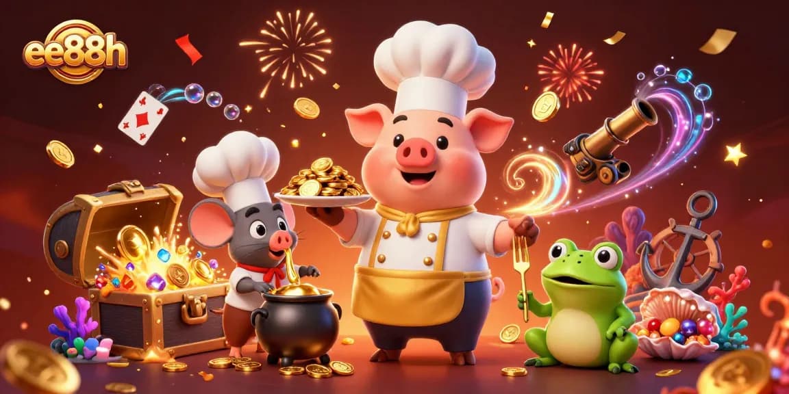 Experience the vibrant world of ee88h as casino characters celebrate with gold coins and gems.