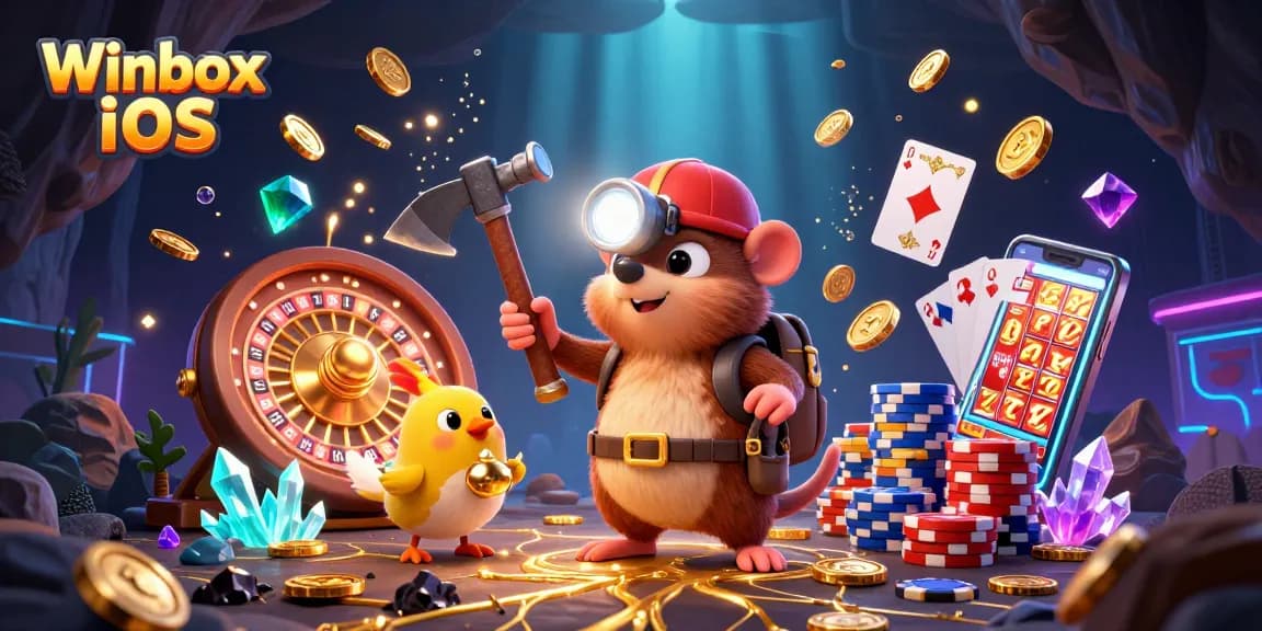 Winbox iOS app offers exciting gameplay with a treasure hunter and vibrant casino elements.